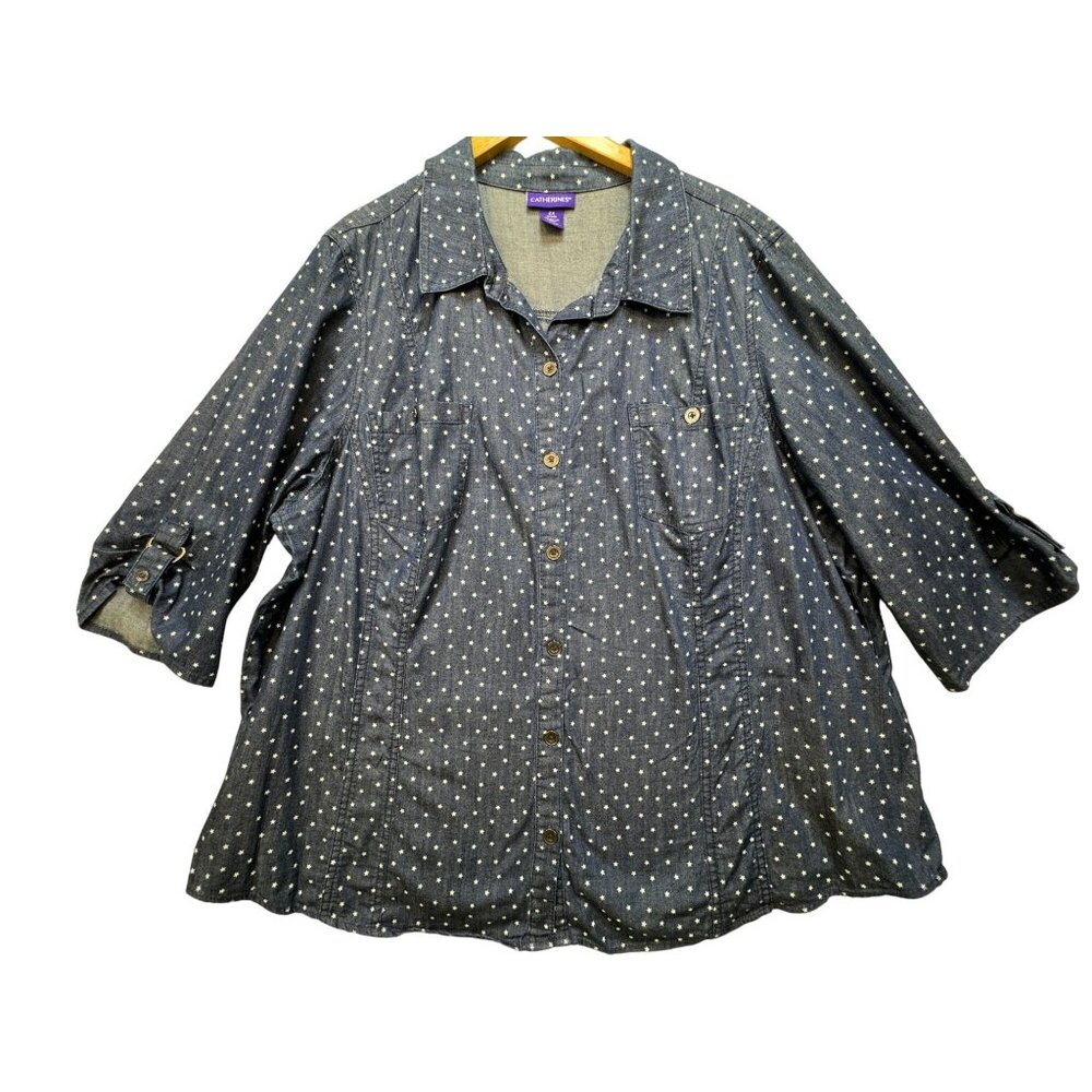 Catherines Womens Chambray Button-Up Shirt Size 2X Blue Denim Star 3/4 Sleeves